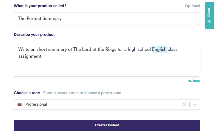 An example prompt in CopyAI showing the prompt "Write an short summary of The Lord of the Rings for a high school English class assignment."