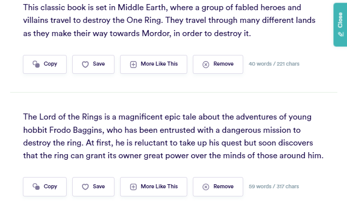 Short paragraphs providing brief summaries of The Lord of the Rings.