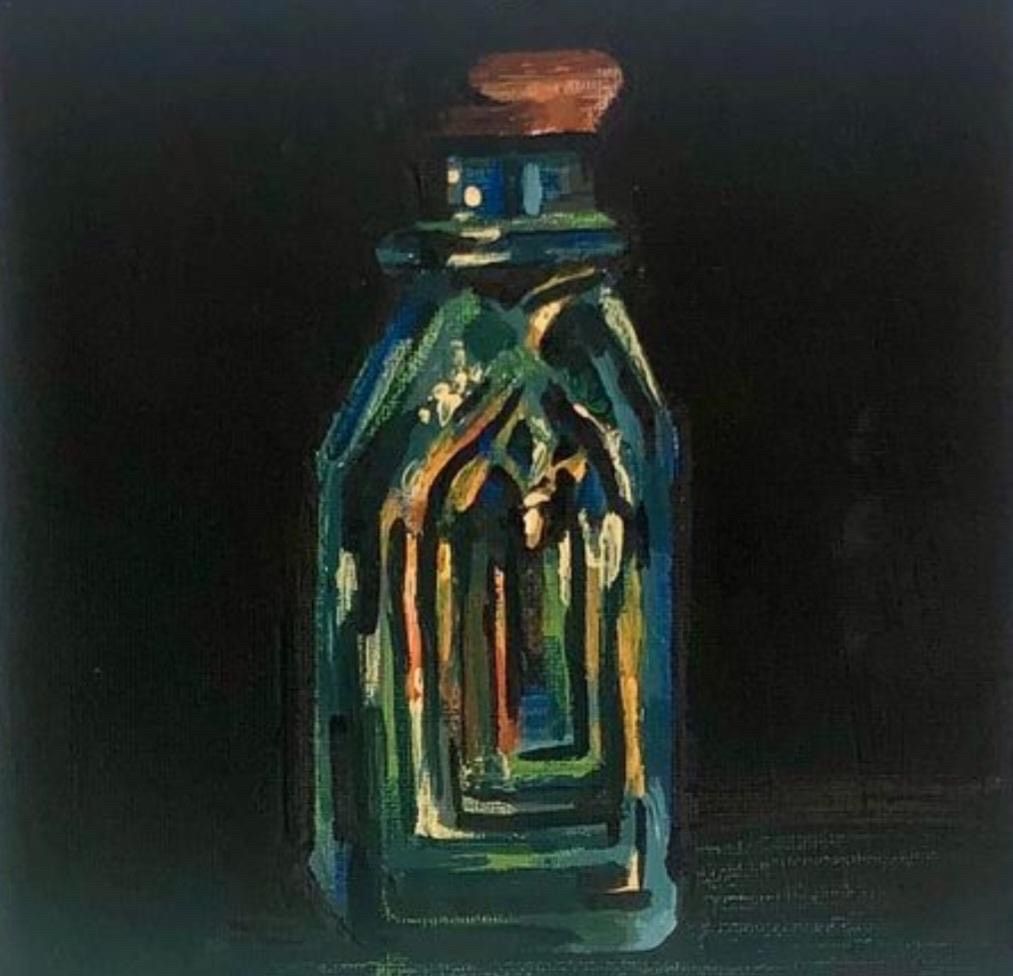 Painting showing a bottle with a reflective surface set against a black background.