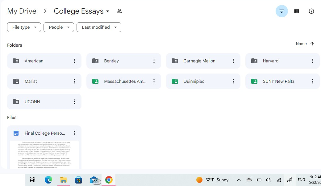 Screenshot of a Google Drive folder containing subfolders for different universities.