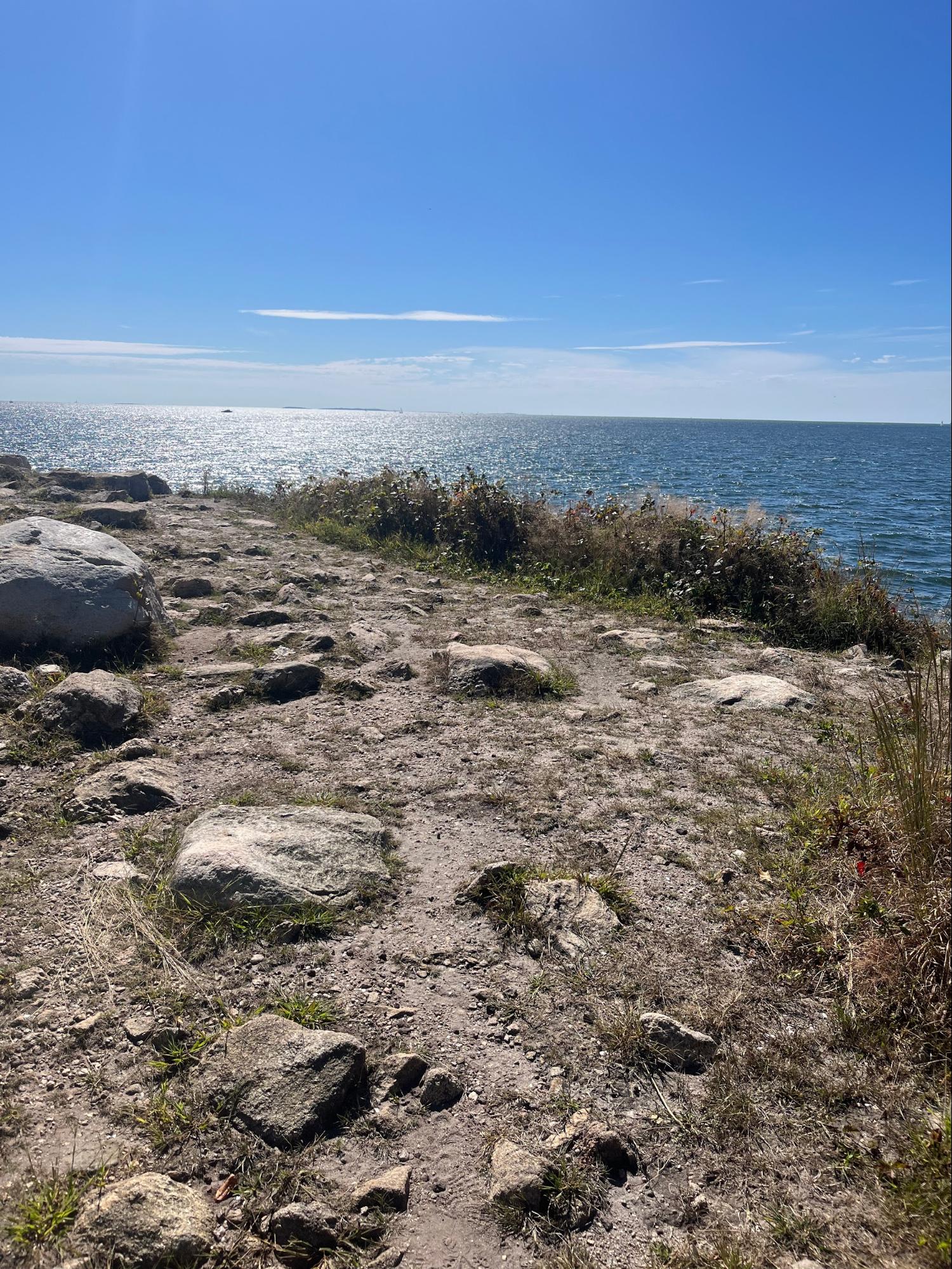 A view of a dry and rocky shoreline with a body of water in the distance.