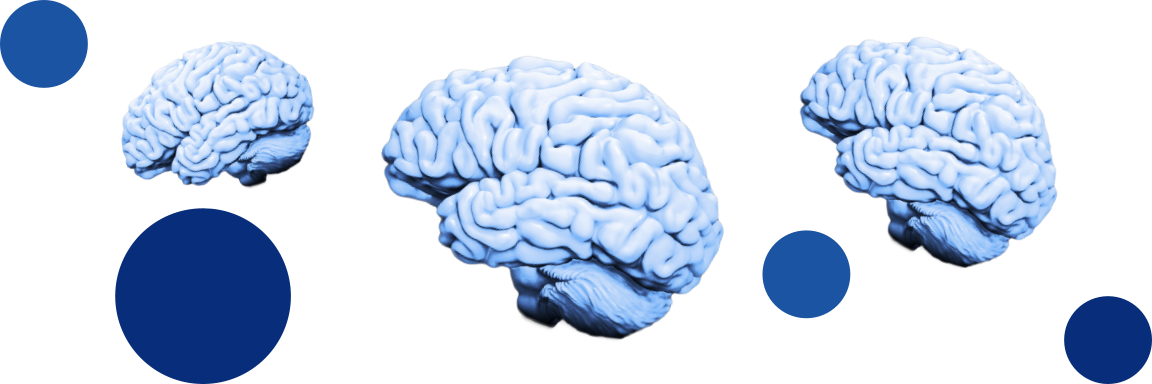 An illustration on blue brains floating among blue dots.