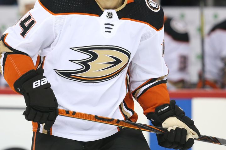 The jersey of a hockey player is visible as they skate across the ice.